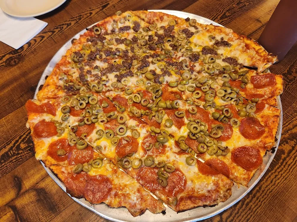 1 2 Hamburger and 1 2 Pepperoni and All Green Olives